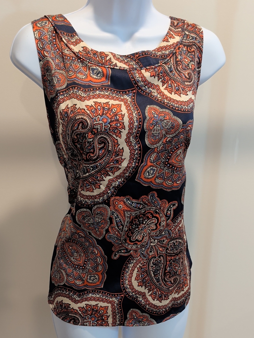 Ann Taylor Navy Paisley Shell Top with Rust and Cream Accents